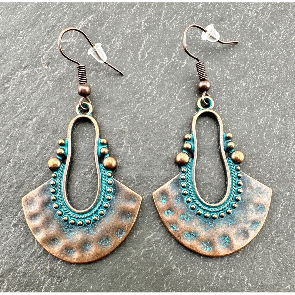Egyptian Fan Drop Earrings Copper Alloy Patina Bohemian NEW